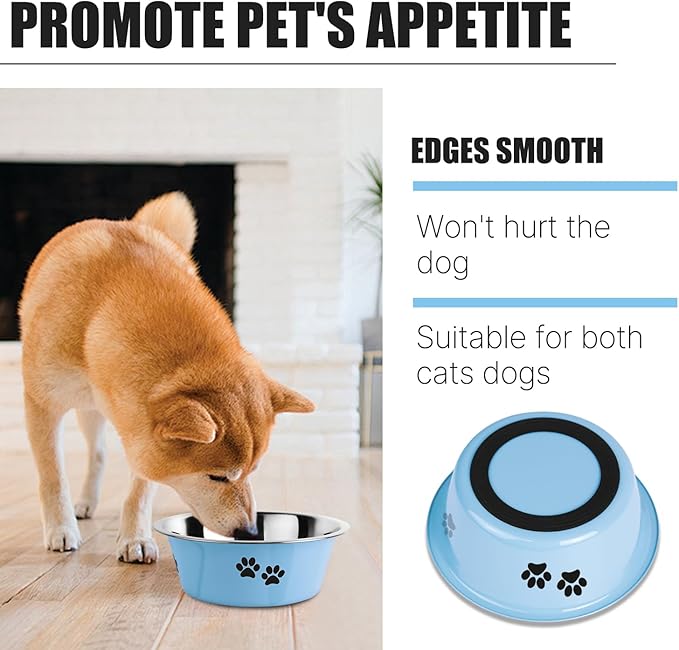 YUDANSI Dog Bowls 2 Pack Small Medium Dogs Feeding Food Water Bowl with Non-Slip Silicone Sole, Stainless Steel Dog Dishes Elevated Raised Pet Feeder(Blue, L(6.6 Cups)