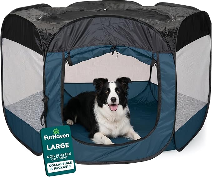 FurHaven Portable Pet Playpen for Dogs & Cats, Large Indoor Kitten Playpen with Mesh Sides, Foldable Dog Playpen for Small Dogs, Pop Up Travel Dog Pen, Large, Pet Crate with Mesh Sides, Sailor Blue