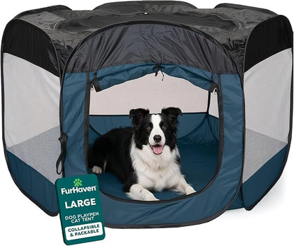 FurHaven Portable Pet Playpen for Dogs & Cats, Large Indoor Kitten Playpen with Mesh Sides, Foldable Dog Playpen for Small Dogs, Pop Up Travel Dog Pen, Large, Pet Crate with Mesh Sides, Sailor Blue