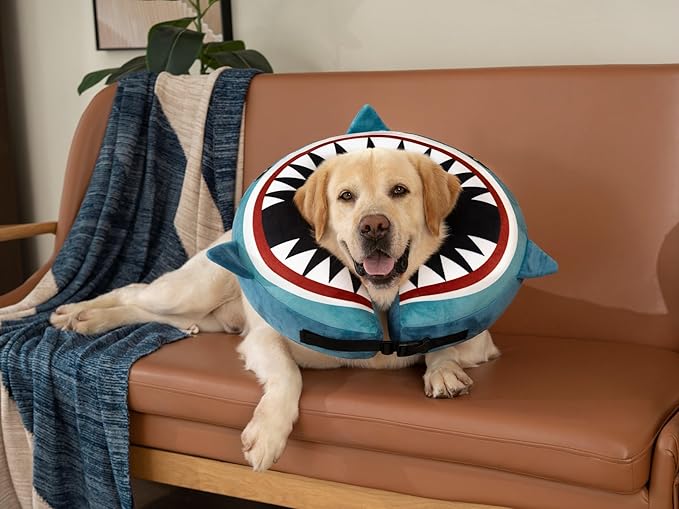 Dog Cone Inflatable Widen Dog Neck Donut Collar, Soft Cone Alternative After Surgery for Large Medium Small Dogs to Stop Licking (Blue Shark, X-Large)