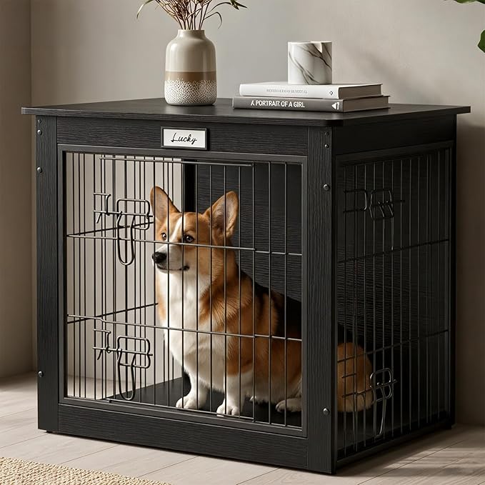 Black Dog Crate Furniture with Reversible Side Door, Wooden Indoor Dog Kennel for Small Medium Dogs, End Table Dog Crate with Double Locks, Heavy Duty Steel Mesh Furniture Style Dog Cage