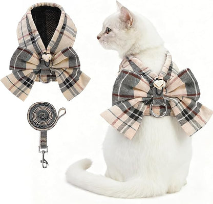 KOOLTAIL Cute Cat Harness and Leash Set with Bowtie, Small Dog Vest Harnesses, Step in No Pull Soft Mesh Padded Adjustable Plaid Pet Harness for Extra-Samll Medium Puppy Kitten, Boy Girl, Beige XS