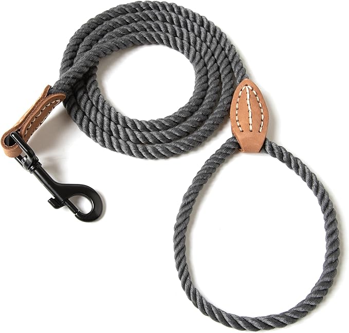 Mile High Life Dog Leash, Braided Cotton Rope Leashes with Leather Tip - Heavy Duty Metal Clasp, 5FT, 1/3" Thick - Wedding, Walking Leash for Small Medium Dogs(Dark Gray)
