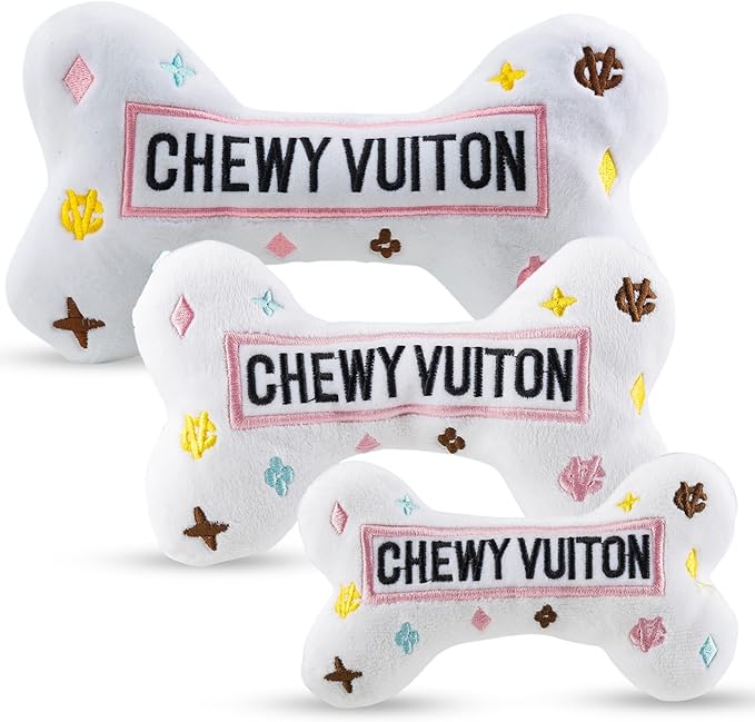 Haute Diggity Dog Chewy Vuiton Bone Plush Squeaky Dog Toy, Soft Durable Designer-Inspired Stuffed Puppy Chew Toys for Small & Medium Dogs, Machine-Washable (White) Large