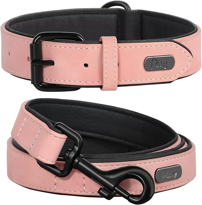 Didog Soft Padded Leather Dog Collar and Leash Set,Adjustable Dog Lead and Collar Set with Metal Buckle, Breathable Pink Pet Collars with 4FT PU Leather Leash for Medium Large Dogs, Pink, L