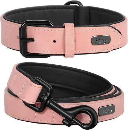 Didog Soft Padded Leather Dog Collar and Leash Set,Adjustable Dog Lead and Collar Set with Metal Buckle, Breathable Pink Pet Collars with 4FT PU Leather Leash for Medium Large Dogs, Pink, L
