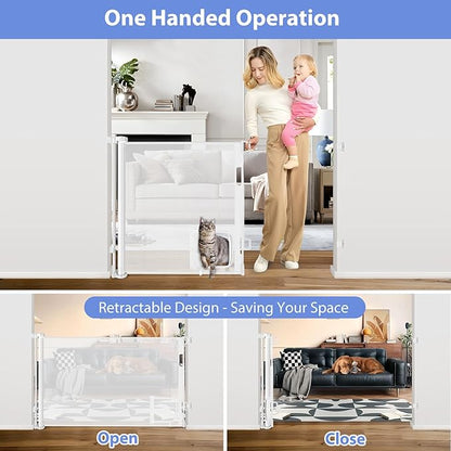 Retractable Baby Gates with Cat Door 80" Wide Retractable Dog Gate with Pet Door Outdoor Retractable Gate for Dogs Retractable Pet Gate with Door Mesh Baby Gate Retractable Mesh Dog Gate (White)