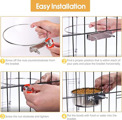 2 Pcs Large Pet Dog Food Water Bowl for Cage Stainless Steel Non-Spill Kennel Hanging Cats Bowls with Clamp Holder Crate Feeder Dish for Medium Large Dogs Huge Pets (7.1x3.7'' & 7.1x2.5'')