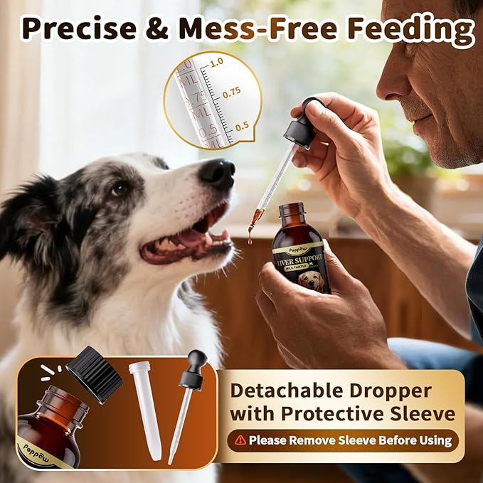 Milk Thistle for Dogs – 9-in-1 Liver and Kidney Support Drops with Artichoke, Resveratrol, Marigold Extract, 100% Natural Detox Supplement for Liver Function, Split Dropper, Bacon Flavor, 2Oz