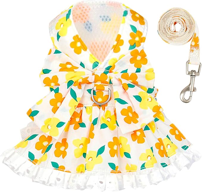 ABRRLO Dog Harness Dress Leash Set for Small Dog Summer Clothes Girl Female Puppy Cats Outfits Cute Floral Bowknot Princess Birthday Dress for Extra Small Pet Doggie Kitten Outfits Apparel(Yellow,S)