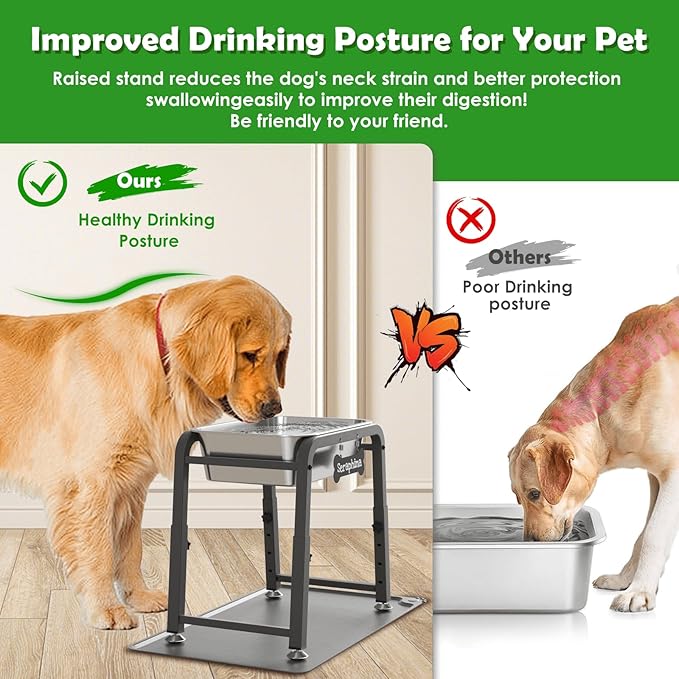 2 Gallon Elevated Large Dog Water Bowl with Mat, 4 Height Adjustable 10.4-15.2", Raised Dog Water Bowl Stand for Large Breed