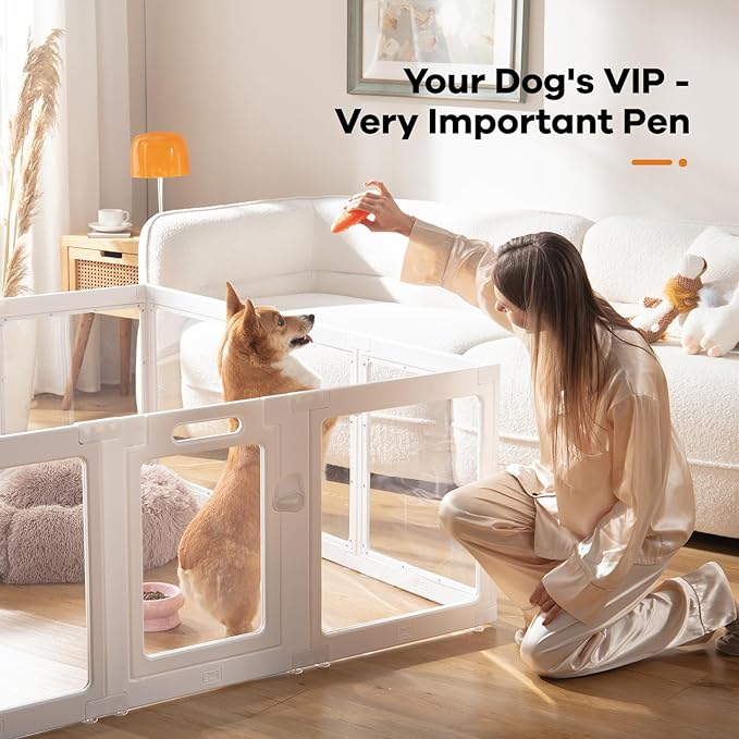 Clear Acrylic Dog Playpen Indoor, Puppy Cat Small Pet Play Pen, Pet Cat Playpen for Rabbits, Dog Fence Crate Kennel Whelping Cage (White, 12 Panel)