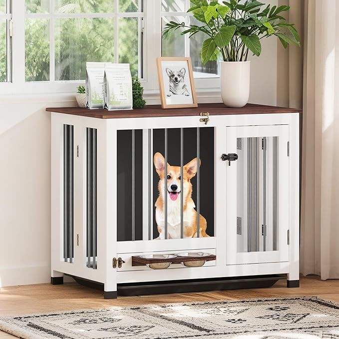 31.5" Dog Crate Furniture - Wooden Dog Kennel with 360° Rotating Feeder & Removable Tray | Indoor Multi-Functional End Table for Medium & Small Dogs, White Dog Cage, Portable Pet Furniture