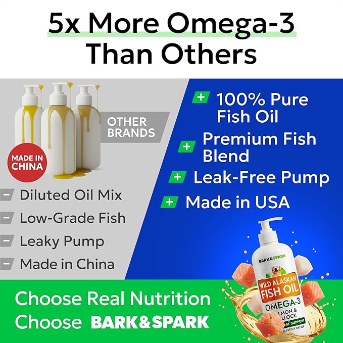 Bark&Spark Fish Oil for Dogs - Natural Omega-3 - Skin & Coat Support - Liquid Food Supplement for Pets - Natural EPA + DHA Fatty Acids for Joint Function, Immune & Heart Health 8oz - Salmon