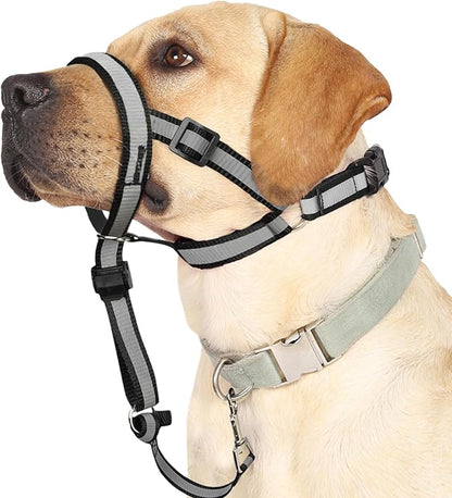 BARKLESS Reflective Head Collar, No Pull Collar for Large Dogs, Anti-Pull Muzzle Leash for Large Sized Breed, Adjustable Soft Dog Halter, Nose Leash for Easy Control on Walks