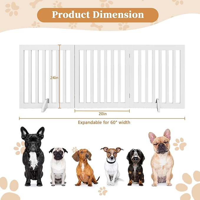 PUPETPO 24”H Freestanding Wooden Pet Gate, Dog Gate for Stairs, Doorways, and Hallways, Step Over Foldable Pet Fence for Indoor Use, Support Feet Included, 60 inch Wide 3 Panels, White