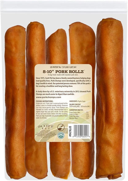 Pork Chomps Roasted Pork Skin Dog Chew, 8 Inch Roll, 5 Count - Long-Lasting Treats for Dogs - High Protein, Rawhide-Free, Low Fat, Healthy & Delicious Chews