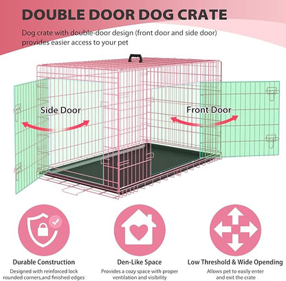 BestPet | Dog Crate | 36" | Pink | Foldable Metal Kennel with Double Doors, Secure Slide-Bolt Latches, Leakproof Tray | Portable Dog Cage for Medium Sized Breeds | for Travel, Indoor & Outdoor Use