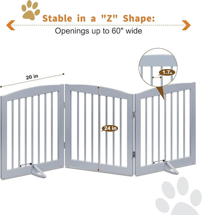 PUPETPO Freestanding Pet Gate for Dogs, Foldable Wooden Dog Gate for House, Indoor Dog Gate for Doorways, Stairs, Gates for Dogs Indoor, Support Feet Included, 24" Height 3 Panels, Grey