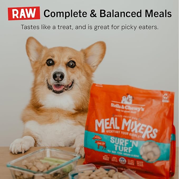 Stella & Chewy's Freeze-Dried Raw Surf & Turf Meal Mixers - Dog Food Topper and Mixer - Made with 95% Grass-Fed Beef & Wild-Caught Salmon - Perfect for Picky Eaters - Grain-Free - 8 oz