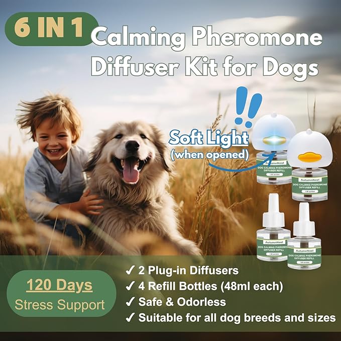 Dog Pheromone Calming Diffuser Kit, Calming Diffuser for Dog (2 Plug-Ins & 4×48ml Refills) for Stress Support, Helps Reduce Barking & Aggression, 120-Day Supply (Non-Toxic, Safe & Inedible)