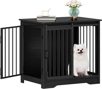 Hzuaneri 27.2" Dog Crate Furniture with Barn Door, Heavy Duty Dog Kennel Indoor with 2 Doors, Wooden Pet Cage End Table for Small Medium Dogs up to 22 lb, Anti-Chew Anti-Escape, Black DFC84304B
