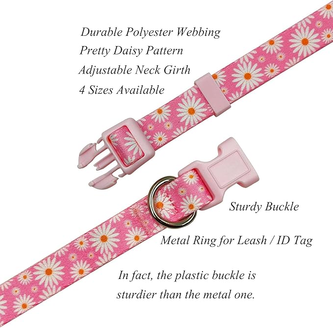Dog Collar Leash Set, Floral Pattern, Polyester Material, Adjustable Collar and 5ft Matchcing Leash, for Large Dogs.(L, Light Pink Daisy)