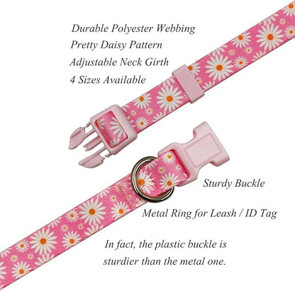 Dog Collar Leash Set, Floral Pattern, Polyester Material, Adjustable Collar and 5ft Matchcing Leash, for Large Dogs.(L, Light Pink Daisy)
