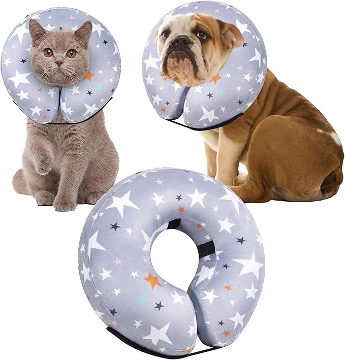 Recovery Donut Collar for Dogs & Cat,Inflatable Dog Cone Collar Alternative After Surgery,Soft Cone for Large Medium Small Dog,Adjustable Pet Neck Donut(Grey Star,Medium+