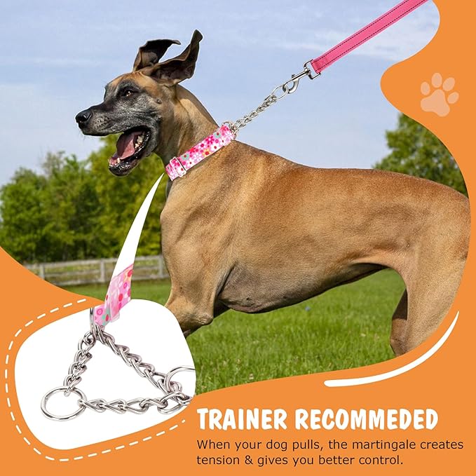 Martingale Dog Collar with Steel Chain- No Pull Escape-Proof Training Choker for Medium, Large & XL Dogs | Heavy Duty Anti-Slip Cinch Collar for Large Breed Pets, Pink (Size XL)