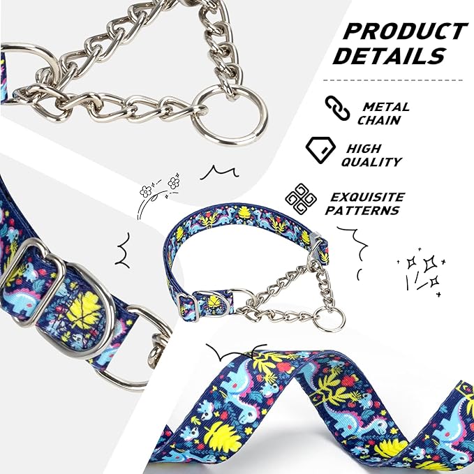 Martingale Dog Collar - Adjustable Anti-Pull Training Collar with Safe Choke Chain Design,Dinosaur Pattern for Medium,Large & XL Dogs (Dinosaur XL)