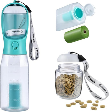 Cibaabo Dog Water Bottle with Food Container & Poop Bag Holder, Travel Water Bowl, Portable Pet Dispenser, Dog Gifts Stuff Accessories Items, Puppy Essentials for Yorkie Chihuahua Walking Hiking