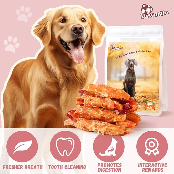 Pawmate Dog Treats Double Sweet Potato & Chicken Wraps, Healthy Chicken Jerky Dog Chews High Protein Low Fat, Chewy Training Snacks for Small Medium Large Dogs, 12-15 Counts