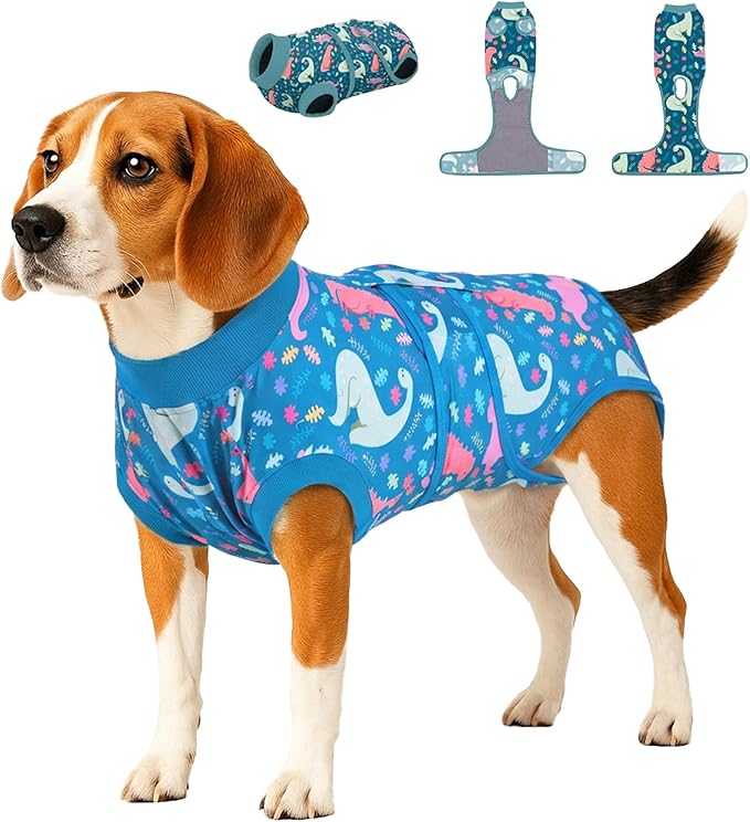 PetWarm Dog Recovery Suit, Pet Coat's Inner Clothes, Substitute E-Collar and Cone, Dog Surgery Recovery Suit, Female Male Onesie for Dogs Spay Neuter, Dinosaur Pattern, Multi-Colored, L