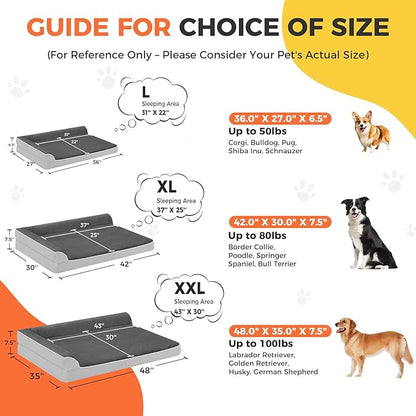 Dog Bed Large Sized Dogs, XL Orthopedic Dog Bed for Large Dogs 42"x30"x7.5", Waterproof Pet Bed with Washable Removable Cover, L-Shaped Pet Couch with Portable Handle, Grey Flannel
