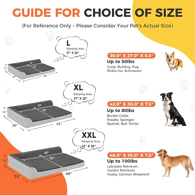 Dog Bed Large Sized Dogs, Orthopedic Dog Bed for Large Dogs, Waterproof Pet Bed with Washable Removable Cover, L-Shaped Pet Couch with Portable Handle 36"x27"x6.5", Grey Flannel