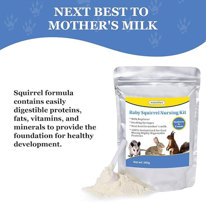 Baby Squirrel Feeding Kit,280 g Milk Replacer for Squirrel, Rabbit, Opossum, with Feeding Syringes,100% Instantized for Mixing Digestible Proteins