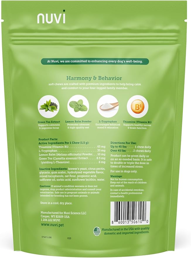 Nuvi Calming Chews for Dogs — Anxiety & Stress Relief Soft Chews | Non-Drowsy, Vet-Recommended Ingredients | Separation Anxiety, Fireworks, Travel | 90 Count