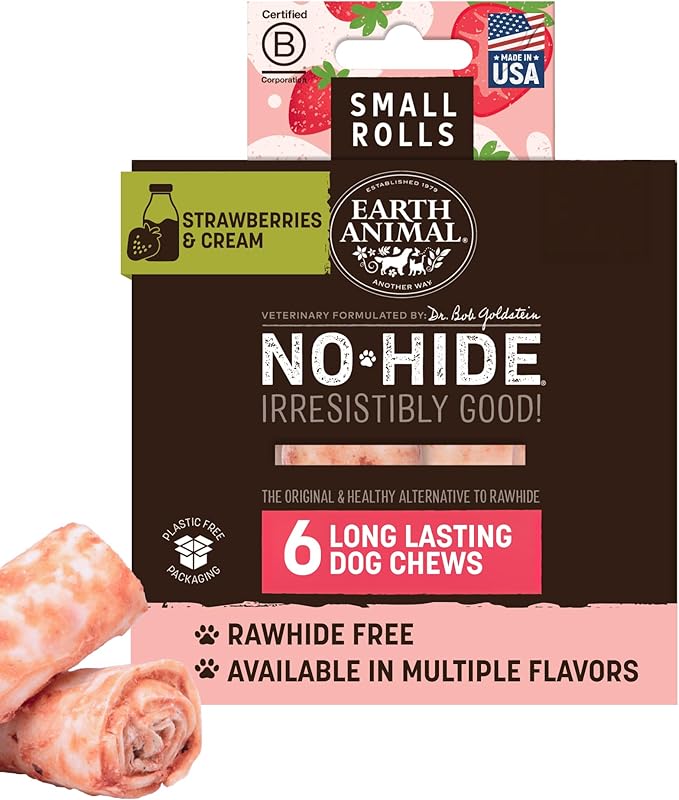 Earth Animal No-Hide Rolls Strawberries & Cream Vegetarian Recipe Small Natural Rawhide Alternative Dog Chews, 6 Pack Value Pack
