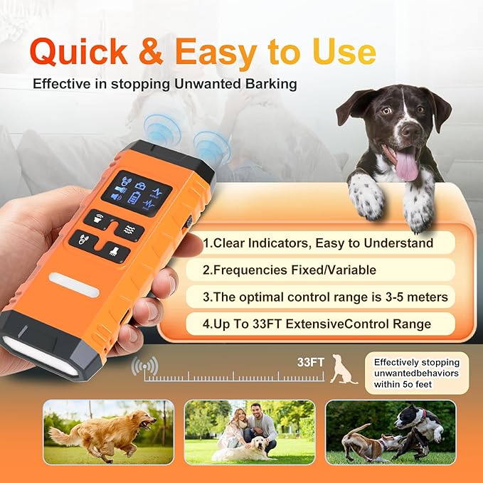 Dog Bark Deterrent Device,G3 Anti Barking Device for Dogs, Bark Stopper with Display,Ultrasound Dog Bark Deterrent,for Indoor/Outdoor/Safe and Effective Bark Stopper with Flashlight (Orange)