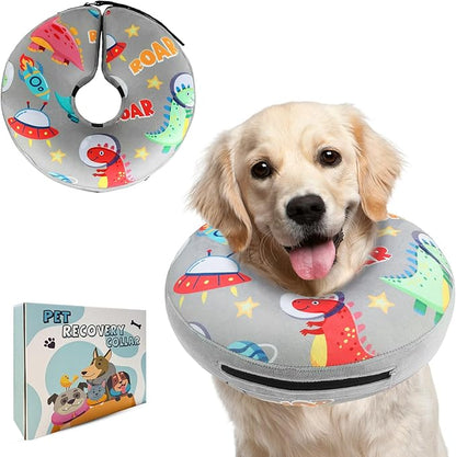 PAWCHIE Inflatable Dog Cone Collar Alternative, Soft Dog Cone for Medium to Large Dogs After Surgery, Adjustable Neck Recovery E-Collars Donut Collar with Cute Dinosaur Prints, Grey L