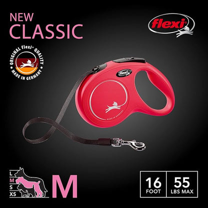 FLEXI New Classic Tape Retractable Dog Leash for Medium-Sized Dogs Upto 55 lbs. – 16 ft., Red | Tangle Free Pet Walking Leash with One-Handed Brake, Pause, Lock|German Quality Product