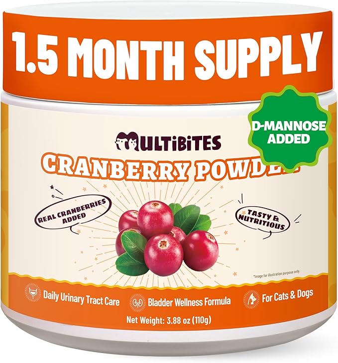 Cranberry Powder for Dogs & Cats, Urinary Tract & Bladder Support Supplement with D-Mannose, Kidney & UTI, Cat and Dog Cranberry Supplement, Chicken Flavor Food Topper, 3.88oz