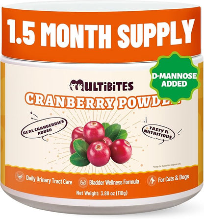 Cranberry Powder for Dogs & Cats, Urinary Tract & Bladder Support Supplement with D-Mannose, Kidney & UTI, Cat and Dog Cranberry Supplement, Chicken Flavor Food Topper, 3.88oz