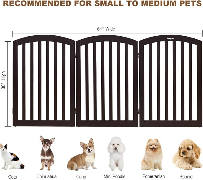 Bonnlo 3-Panel Wooden Free Standing Pet Gate for Dogs, 30'' Tall Dog Gates for The House, Doorways & Stairs, Dog Fences Indoor Puppy Gate with 3 Foot Supporters, Up to 61” Wide, Espresso