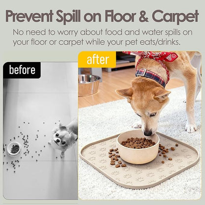Pet Feeding Mat, Waterproof Anti-Slip Placemats for Dog Cat Bowl Silicone Pet Food Mat, Raised Edge Prevent Spills on Floor & Carpet, Dishwasher Safe (Beige, 11" x 11")