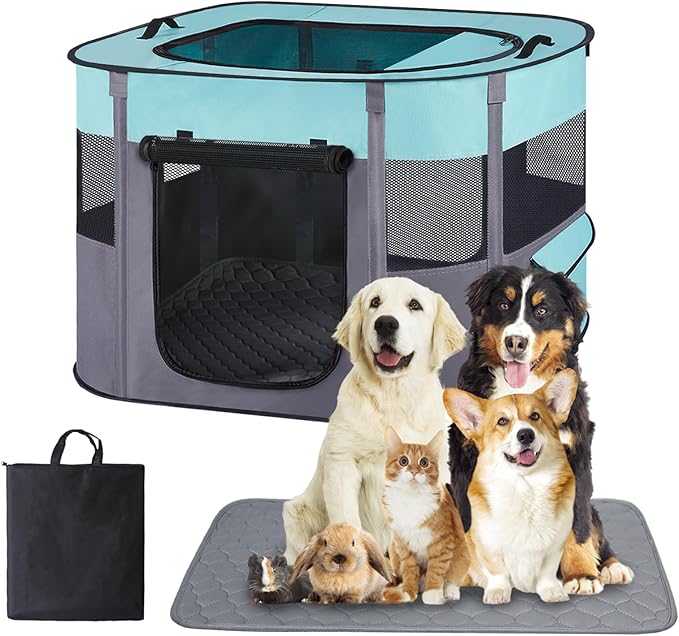 Large Dog Cat Playpen Crate with Waterproof Pad,Portable Collapsible Pet Dog Cat Kennel Cage Tent,Suitable for Indoor Outdoor Travel Camping,Water-Resistant Breathable Shade Cover (Green L)
