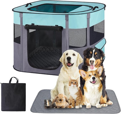 Large Dog Cat Playpen Crate with Waterproof Pad,Portable Collapsible Pet Dog Cat Kennel Cage Tent,Suitable for Indoor Outdoor Travel Camping,Water-Resistant Breathable Shade Cover (Green L)