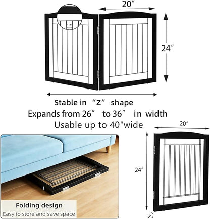 ZJSF Freestanding Foldable Dog Gate for House Extra Wide Wooden Indoor Puppy Gate Stairs Doorways Pet Gate Tall Dog Fence 2 Panels Fence Black