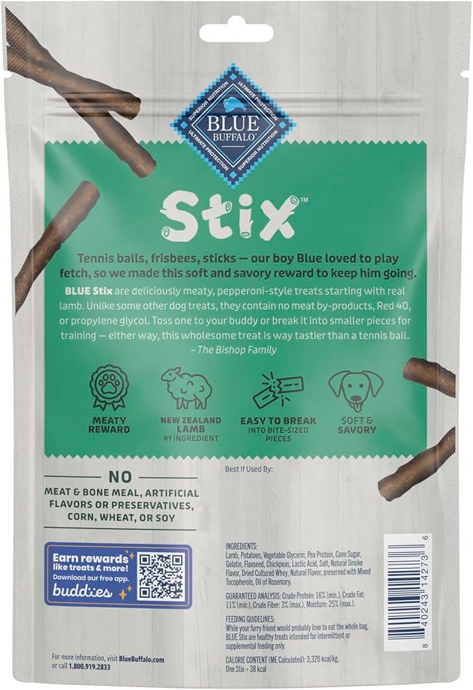 Blue Buffalo Stix Natural Soft Moist Dog Treats Lamb Recipe Bag